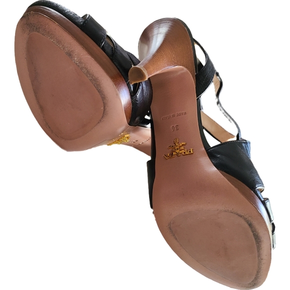 PRADA Black Leather Platform Stacked Wood Heel With Gold Buckle Ankle Strap 36 - Picture 12 of 12